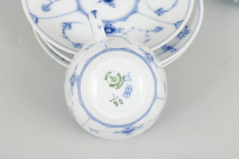Royal Copenhagen, Denmark. Blue Fluted Plain, set of three porcelain coffee cups with saucers. Early - 4