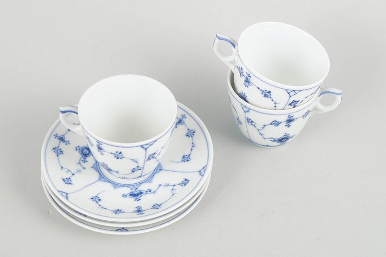 Royal Copenhagen, Denmark. Blue Fluted Plain, set of three porcelain coffee cups with saucers in - 2
