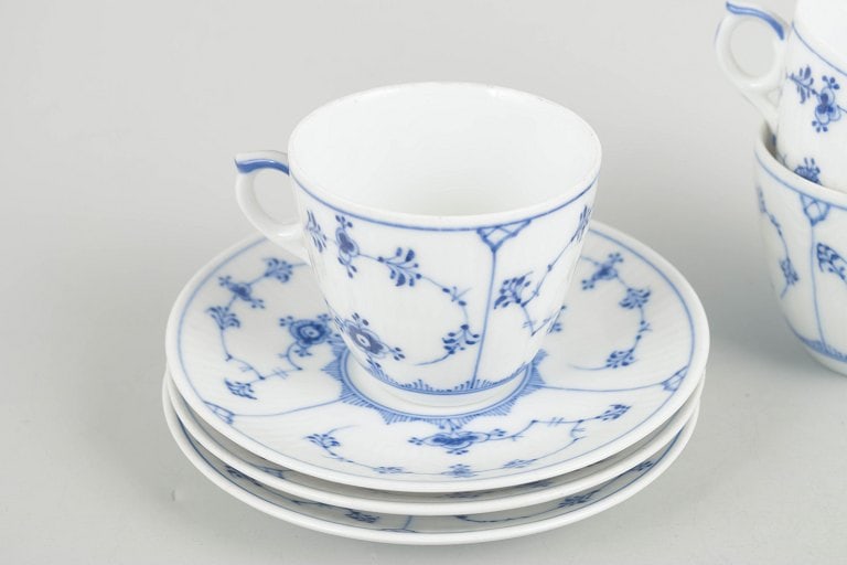 Royal Copenhagen, Denmark. Blue Fluted Plain, set of three porcelain coffee cups with saucers in - 3