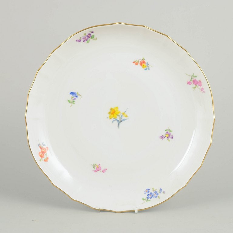 Meissen, Germany. Large porcelain dish with polychrome flower decoration. Mid-20th century. (1 of 4)