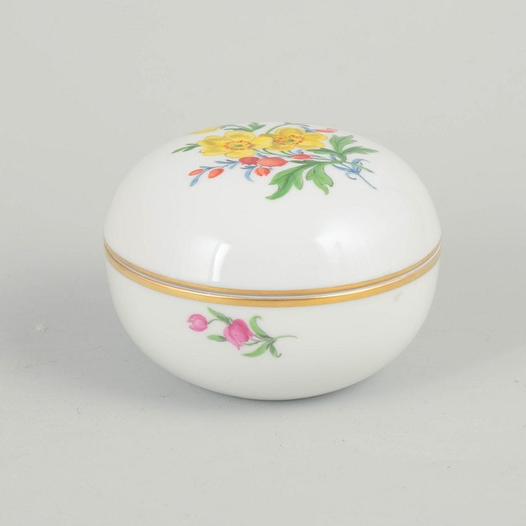 Meissen, Germany. Lidded jar with polychrome flower decoration. Mid-20th century. (1 of 4)
