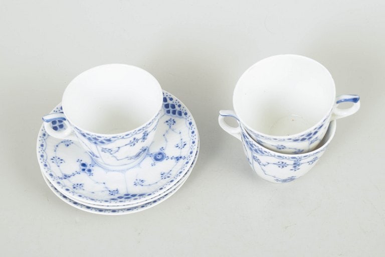 Royal Copenhagen, Denmark. Blue Fluted Half Lace, set of three coffee cups with saucers. Approx. - 2