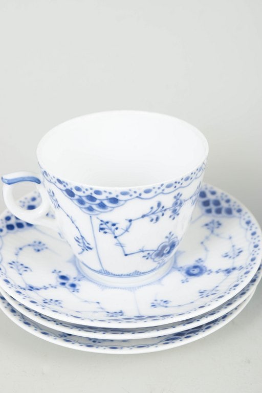 Royal Copenhagen, Denmark. Blue Fluted Half Lace, set of three coffee cups with saucers. Approx. - 3