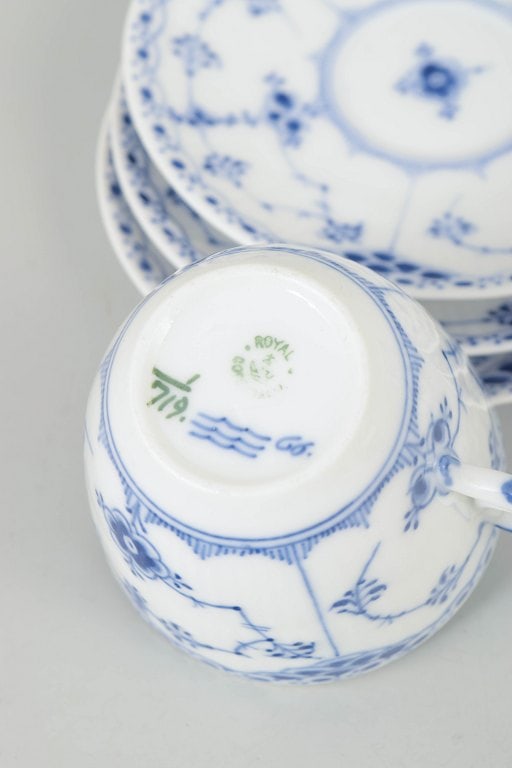 Royal Copenhagen, Denmark. Blue Fluted Half Lace, set of three coffee cups with saucers. Approx. - 4