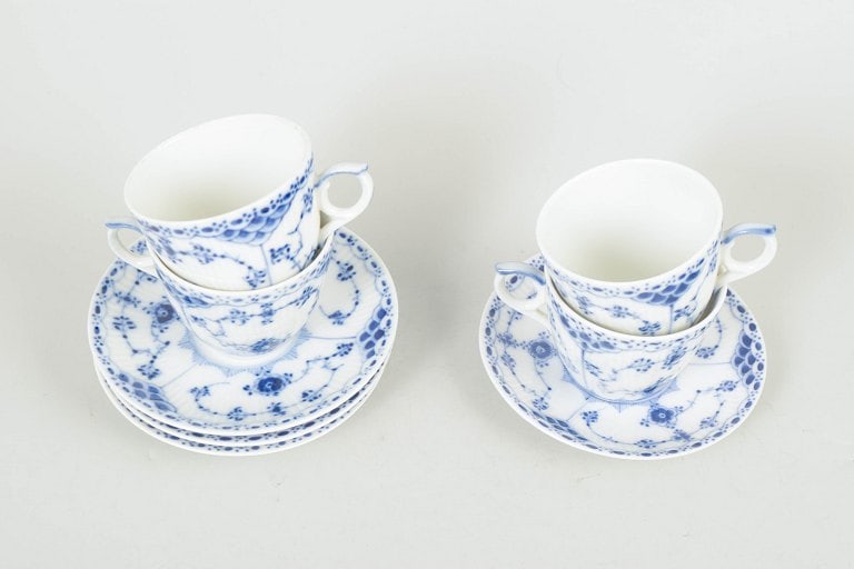 Royal Copenhagen, Denmark. Blue Fluted Half Lace, set of four coffee cups with saucers. Approx. - 2
