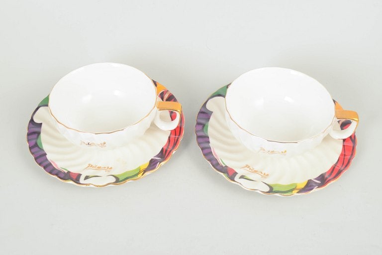 Europe. Set of two large teacups with matching saucers with multicoloured decoration, marked - 2