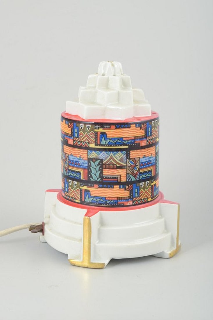 Germany. Art Deco porcelain scent lamp with geometric form. Ca. 1930s.: Scent Lamp, Germany, c. 1930s. Art Deco porcelain scent lamp with geometric form. Decorated with colorful architectural and landscape-inspired patterns in bold tones of orange, blue, red, and black.