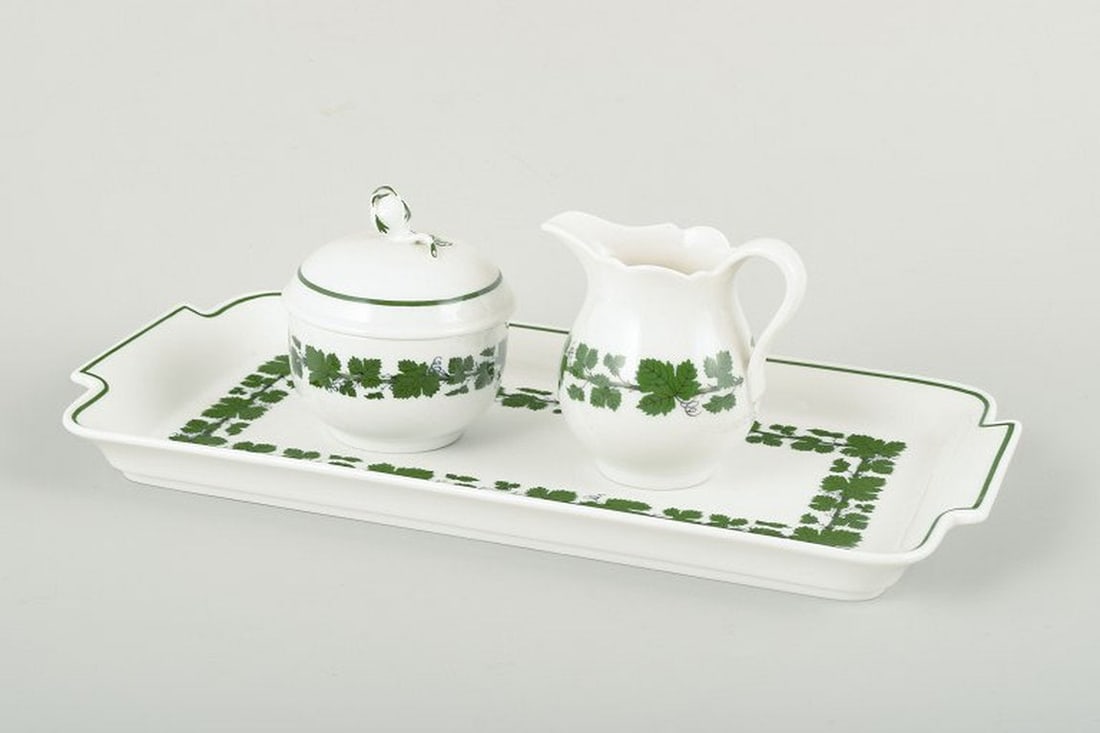 Meissen, Germany. Green Vine-Leaf Pattern porcelain tray with cream jug and sugar bowl. 20th (1 of 4)