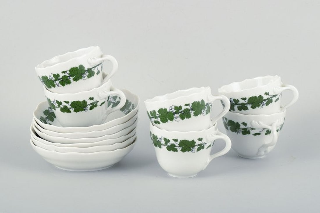 Meissen, Germany. Six Green Vine-Leaf Pattern porcelain mocha cups with saucers. 20th century. (1 of 5)
