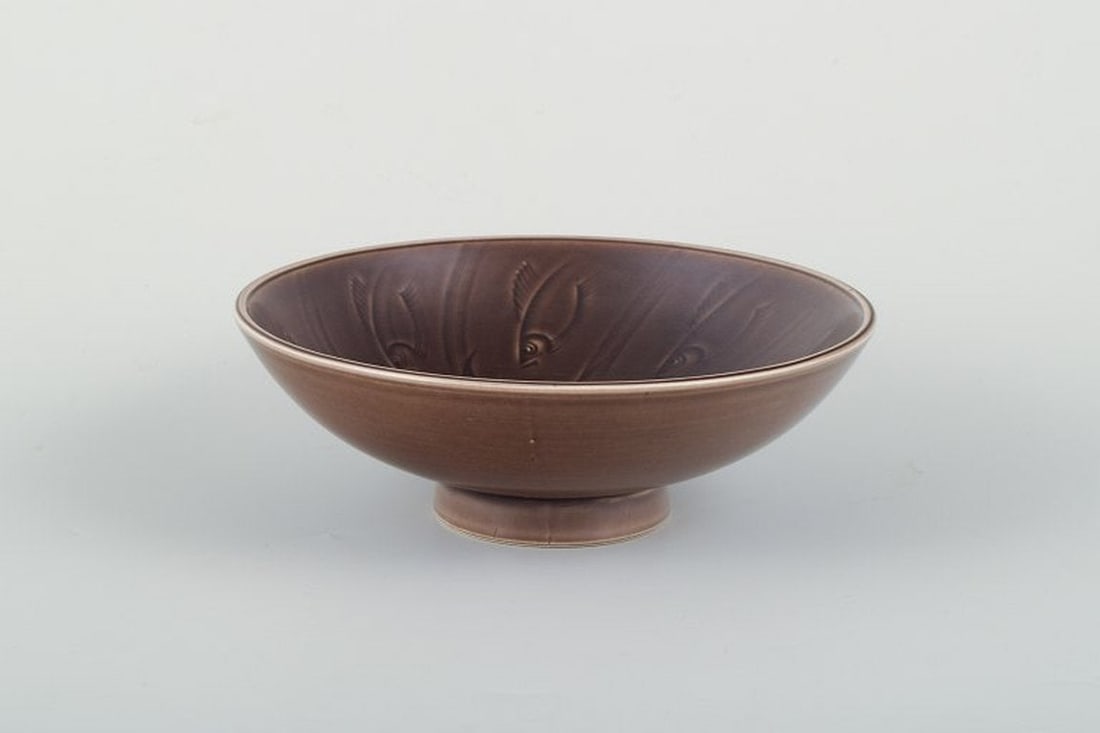 Aluminia, Denmark. Faience bowl with impressed fish motif. 1930s/40s. (1 of 4)