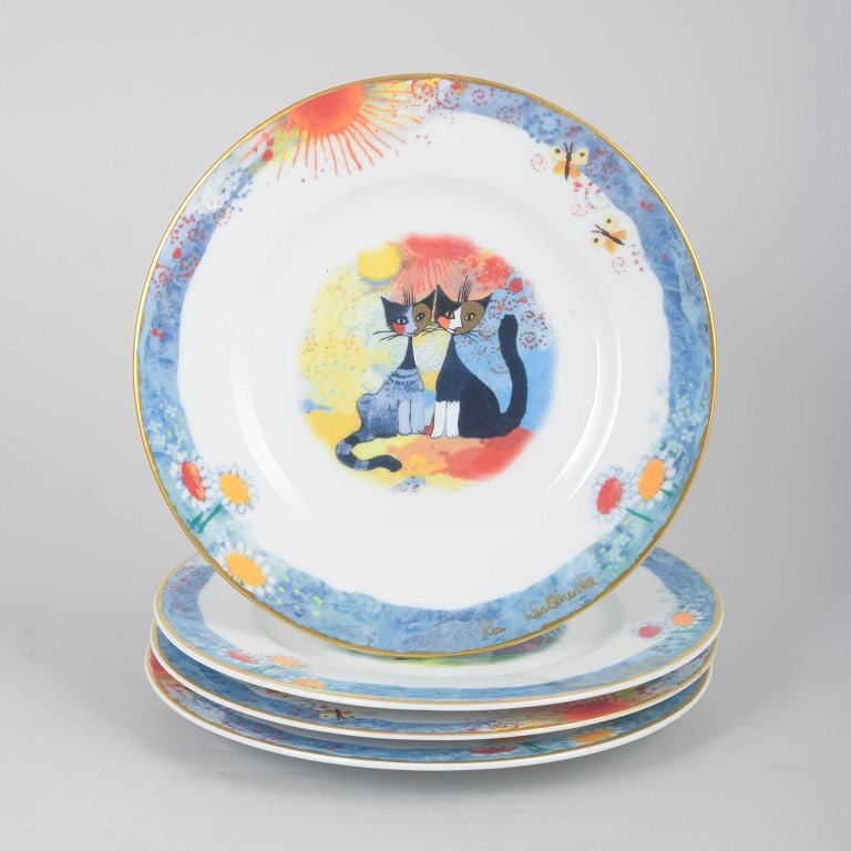 Rosina Wachtmeister for Goebel, Germany. Set of four porcelain plates with colourful cat motifs.: Rosina Wachtmeister for Goebel, set of four plates. Decorative porcelain plates featuring colourful cat motifs and distinctive artistic design. Origin: Germany. Designer: Rosina Wachtmeister (1939- ).
