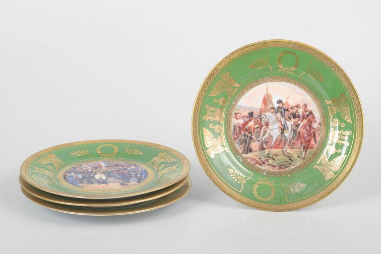 Capodimonte, Italy. Set of four porcelain dishes with Napoleon scenes with green ground and rich (1 of 4)