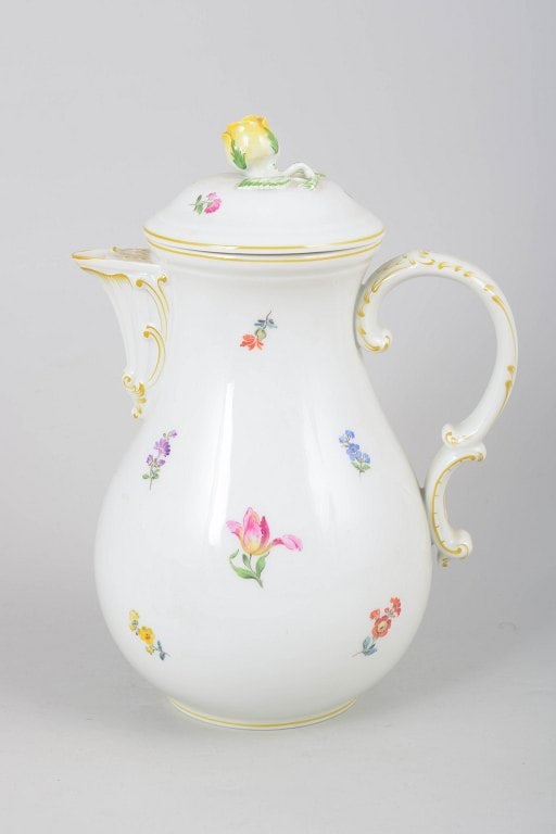Meissen, Germany. Porcelain coffee pot with polychrome floral decoration. Circa 1920. (1 of 4)