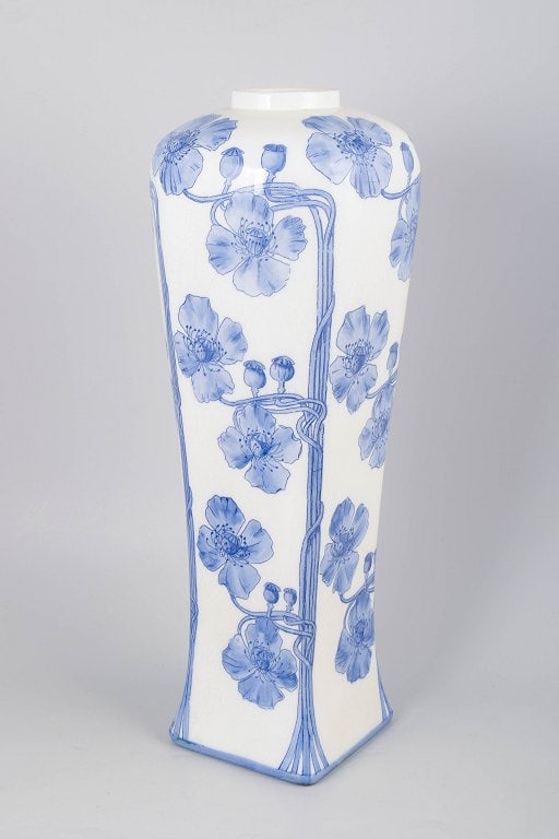 Alf Wallander for Rörstrand, Sweden. Colossal square faience vase with motif in blue and white (1 of 4)