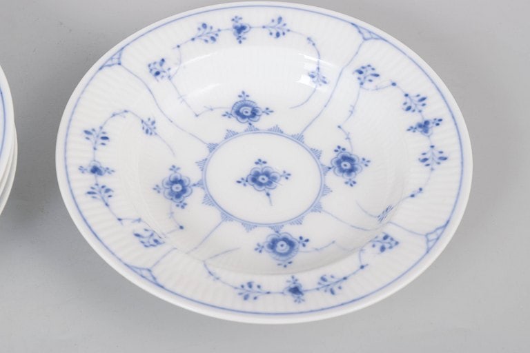 Royal Copenhagen, Denmark. Blue Fluted Plain set of four porcelain deep plates. Approx. 1920s. - 3