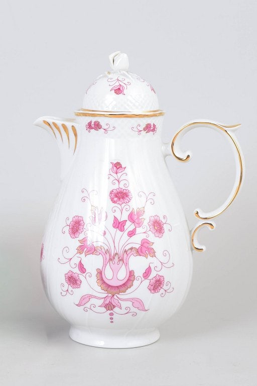 Hollóháza, Hungary. Porcelain coffee pot with pink floral decoration. Mid-20th century. (1 of 4)