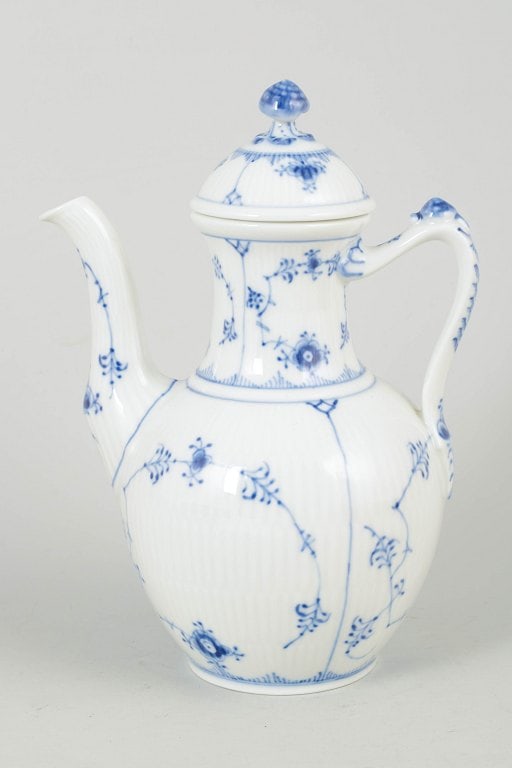 Royal Copenhagen, Denmark. Blue Fluted Plain porcelain espresso pot with floral decoration. Approx. (1 of 4)