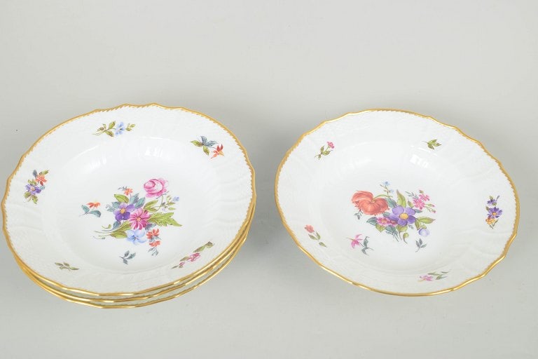 Royal Copenhagen, Denmark. Saxon flower, set of four porcelain deep plates with floral motifs. - 2