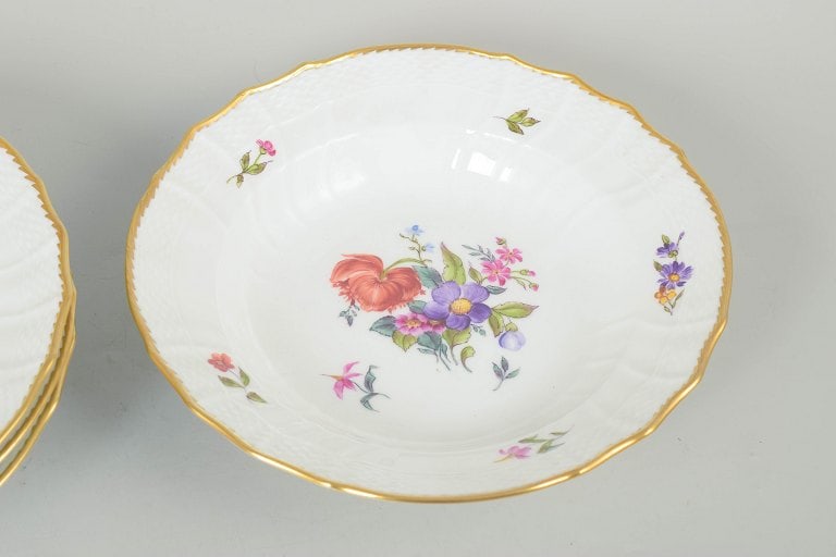 Royal Copenhagen, Denmark. Saxon flower, set of four porcelain deep plates with floral motifs. - 3