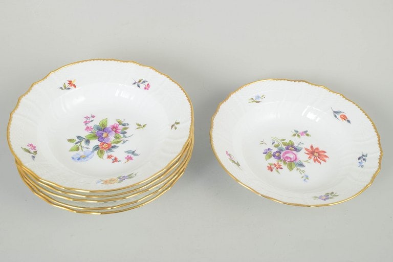 Royal Copenhagen, Denmark. Saxon flower, set of six porcelain deep plates with floral motifs. - 2