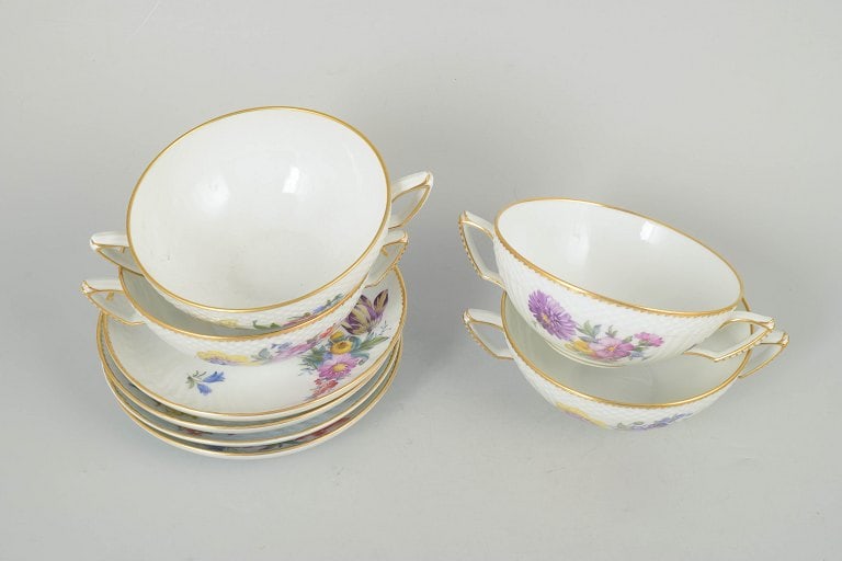 Royal Copenhagen, Denmark. Saxon flower, set of four porcelain bouillon cups with saucers with - 2