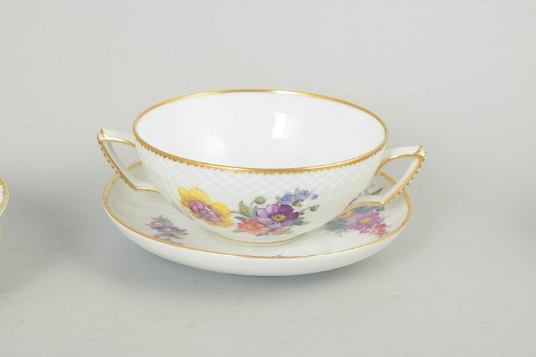 Royal Copenhagen, Denmark. Saxon flower, set of four porcelain bouillon cups with saucers with - 3