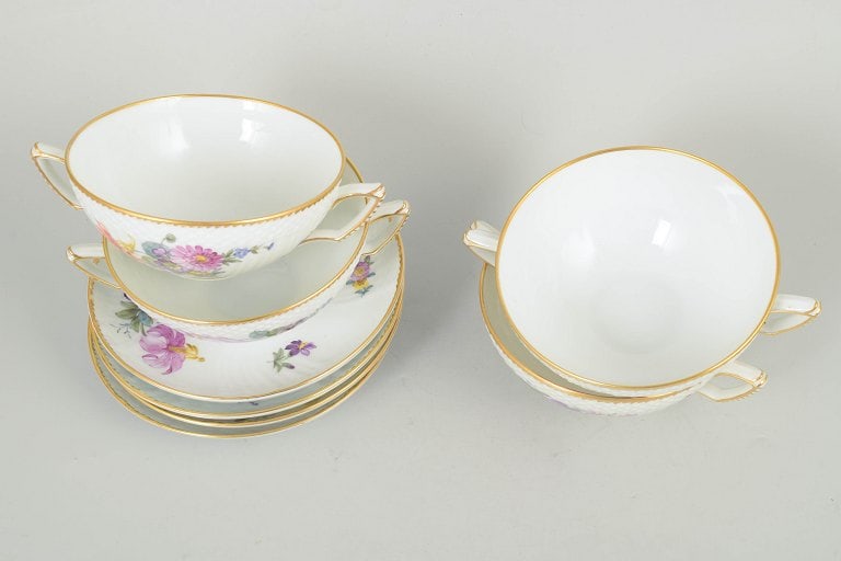 Royal Copenhagen, Denmark. Saxon flower, set of four porcelain bouillon cups with saucers with - 2