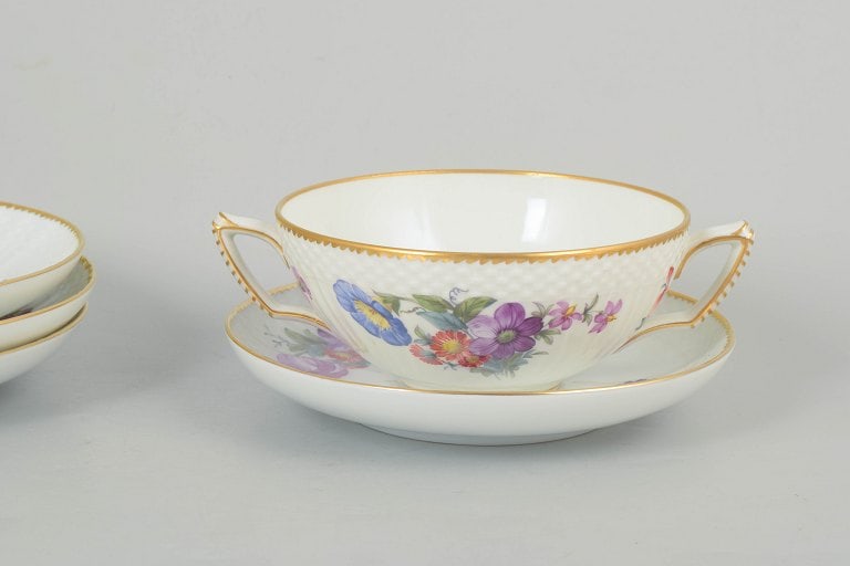 Royal Copenhagen, Denmark. Saxon flower, set of four porcelain bouillon cups with saucers with - 3