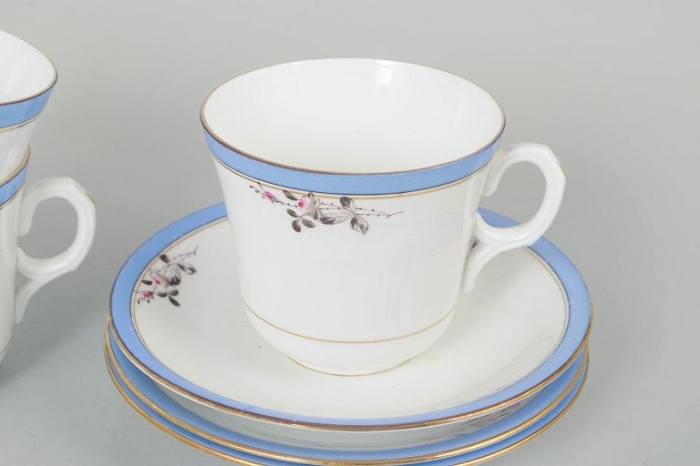 Carlstad, Europe. Porcelain set of three large coffee cups with matching saucers with blue rim and - 3