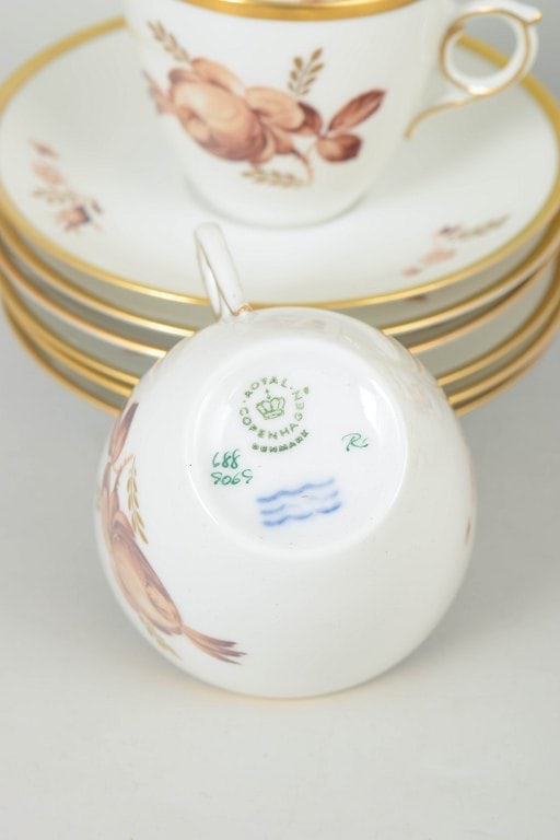Royal Copenhagen Denmark. Brown rose, set of six porcelain coffee cups with matching saucers with - 4