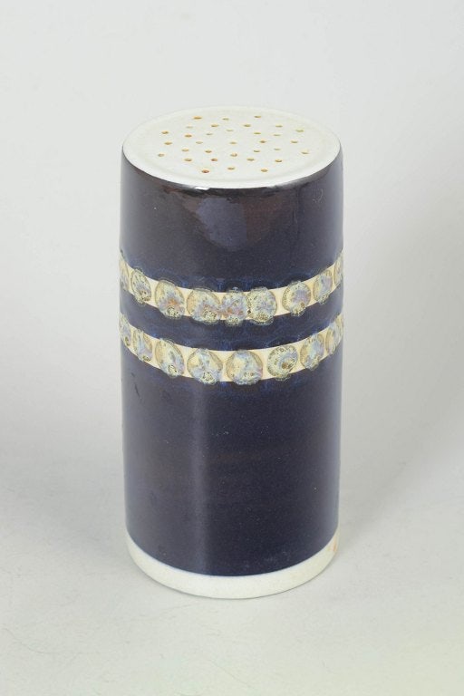 Inge-Lise Koefoed for Royal Copenhagen, Denmark. Cylindrical porcelain sugar shaker with blue glaze. (1 of 4)