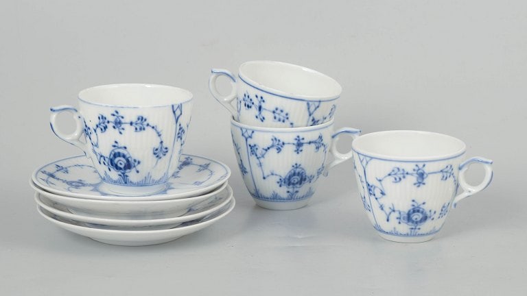 Royal Copenhagen, Denmark. Blue Fluted Plain, set of four coffee cups with matching saucers with (1 of 5)