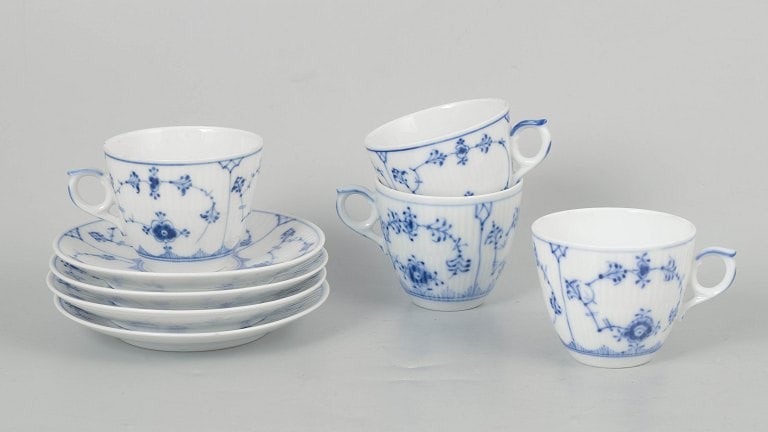 Royal Copenhagen, Denmark. Blue Fluted Plain, set of four coffee cups with matching saucers with (1 of 5)
