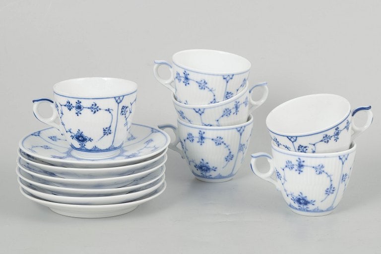Royal Copenhagen, Denmark. Blue Fluted Plain, set of six coffee cups with matching saucers with (1 of 5)