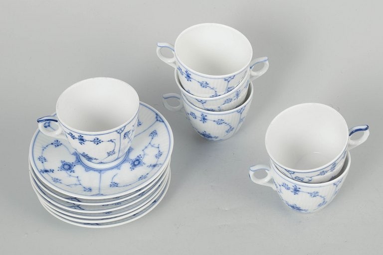 Royal Copenhagen, Denmark. Blue Fluted Plain, set of six coffee cups with matching saucers with - 2