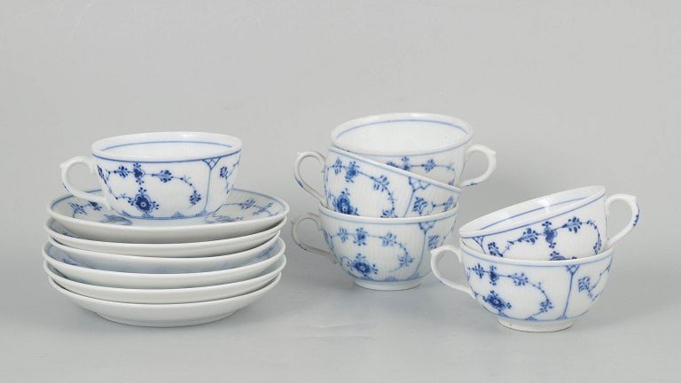 Royal Copenhagen, Denmark. Blue Fluted Plain, set of six coffee cups with matching saucers with: Royal Copenhagen Blue Fluted Plain, set of six coffee cups with matching saucers. Classic set of six coffee cups with matching saucers from Royal Copenhagen's Blue Fluted Plain service, model 1/465, c