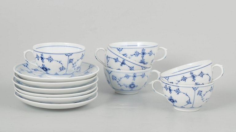 Royal Copenhagen, Denmark. Blue Fluted Plain, set of six coffee cups with matching saucers with (1 of 5)
