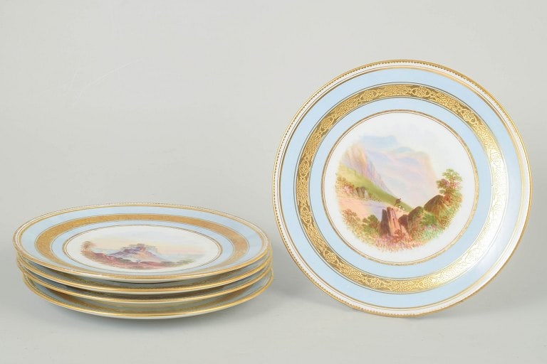 Aynsley, England. Porcelain set of five hand-painted cabinet plates with landscape scenes and (1 of 5)