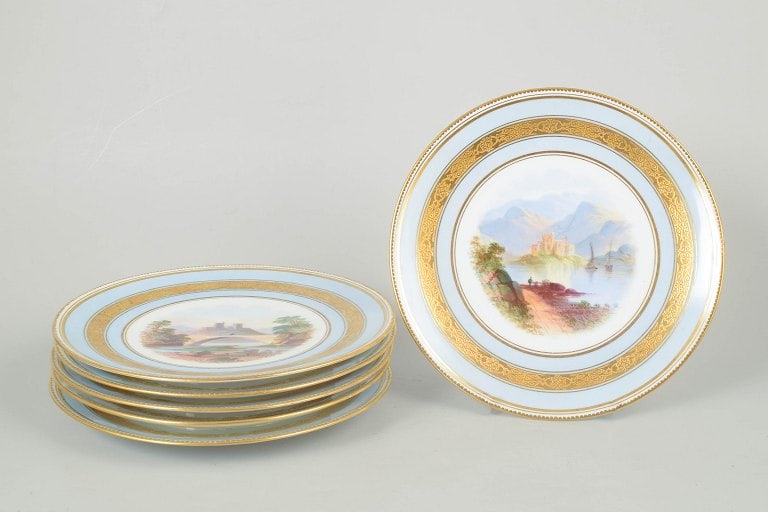 Aynsley's, England. Porcelain set of six hand-painted cabinet plates with landscape scenes and: Aynsley's, England, set of six hand-painted cabinet plates. An elegant set of six decorative porcelain cabinet plates by Aynsley's, England, each featuring unique hand-painted landscape scenes at the 