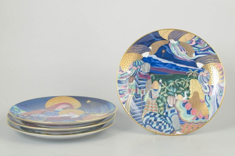 Jacqueline Lynd for Rörstrand, Denmark. Faience set of four Christmas plates with colourful (1 of 4)