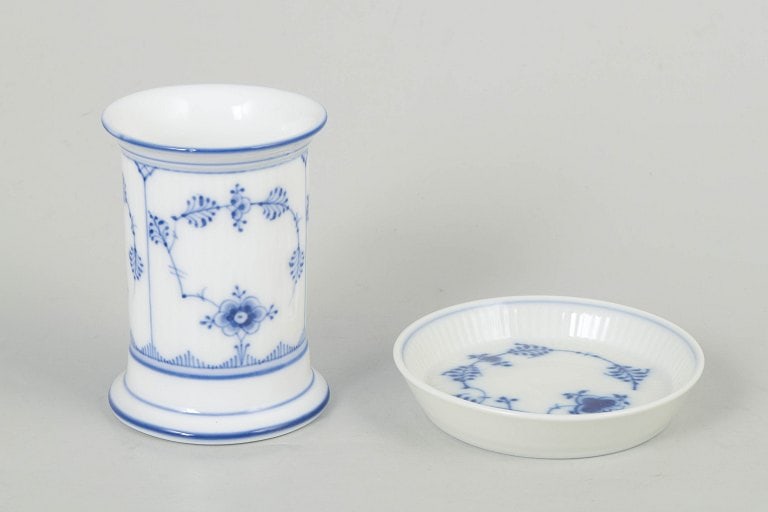 Royal Copenhagen, Denmark. Blue Fluted Plain, porcelain vase and coaster with cobalt blue pattern. (1 of 4)