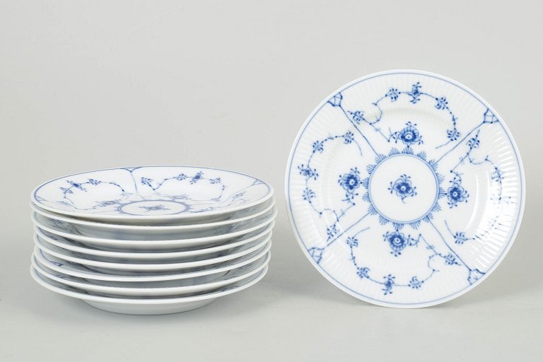 Royal Copenhagen, Denmark. Blue Fluted Plain, set of nine side dishes with cobalt blue pattern. (1 of 4)
