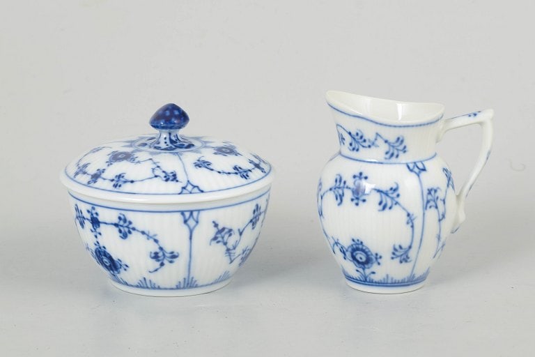 Royal Copenhagen, Denmark. Blue Fluted Plain, sugar bowl and creamer with cobalt blue pattern. (1 of 4)
