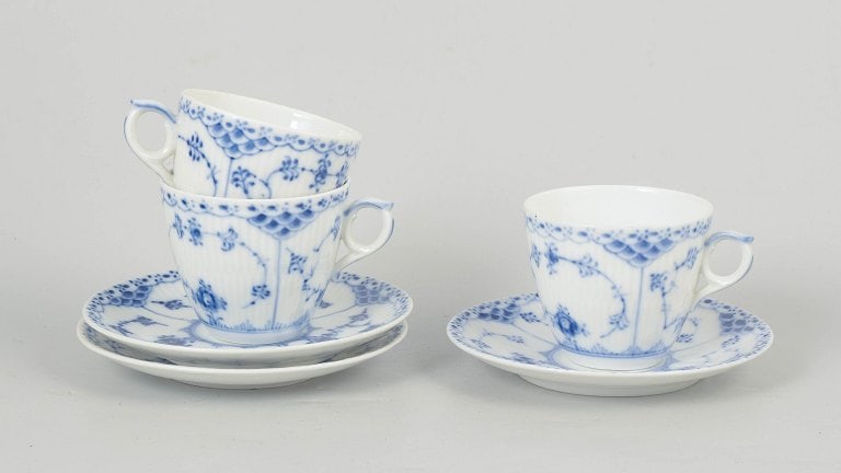 Royal Copenhagen, Denmark. Blue Fluted Half Lace, set of three coffee cups with matching saucers (1 of 4)