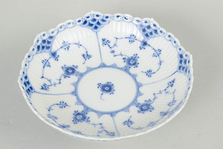 Royal Copenhagen, Denmark. Blue Fluted Half Lace low bowl with cobalt blue floral decoration. Dated - 2