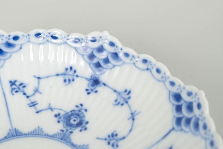 Royal Copenhagen, Denmark. Blue Fluted Half Lace low bowl with cobalt blue floral decoration. Dated - 3