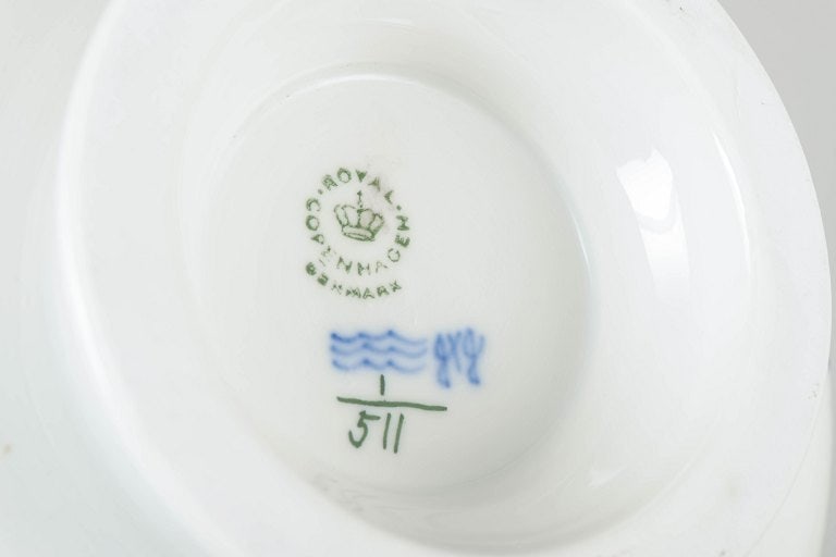 Royal Copenhagen, Denmark. Blue Fluted Half Lace low bowl with cobalt blue floral decoration. Dated - 4