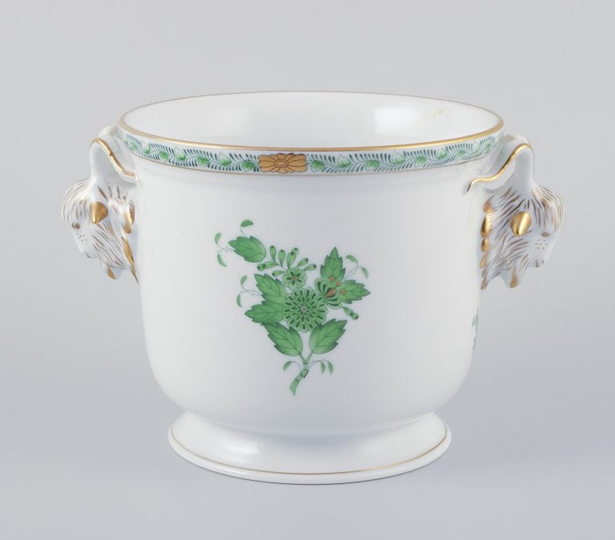Herend, Hungary. Chinese Bouquet Apponyi Green. Porcelain flowerpot with handles in the shape of: Herend, Hungary. Chinese Bouquet Apponyi Green, porcelain flowerpot. Handles in the shape of rams. Hand painted with green floral motifs, gold decoration. Model number 7284. Mid 20th century. Perfect 