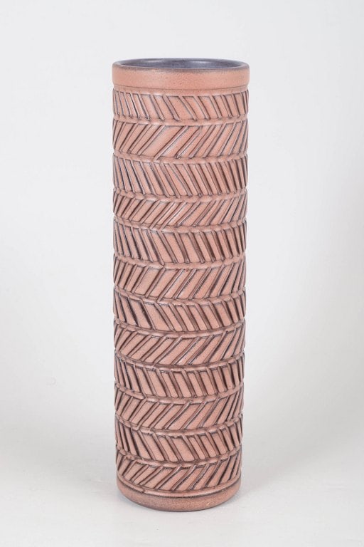 Ingrid Atterberg for Upsala-Ekeby. Tall cylindrical stoneware vase with geometric patterns. Approx (1 of 4)
