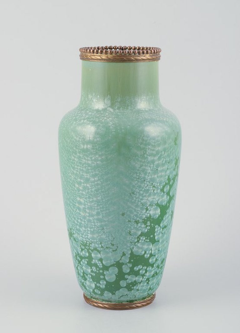 Unknown French ceramicist. Vase of stoneware. Crystal glaze in green tones. Circa 1930s. (1 of 8)